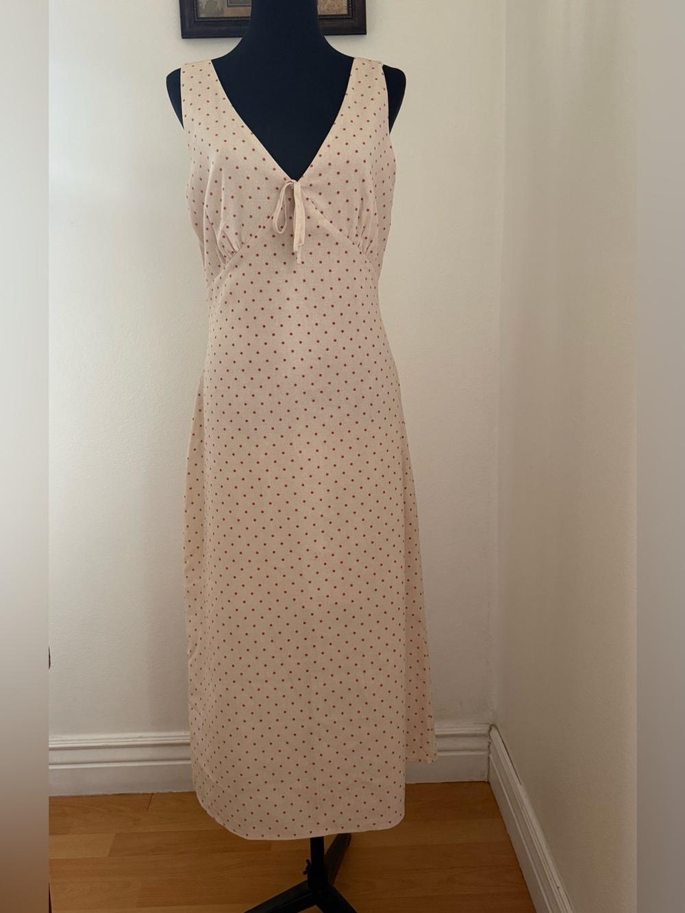 RIHOAS Cream & Red Polka Dot Linen Blend Midi Dress – Size M